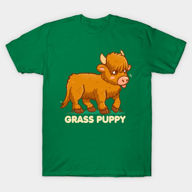 Grass Puppy - Scottish Highland Cow T-Shirt by TechraNova